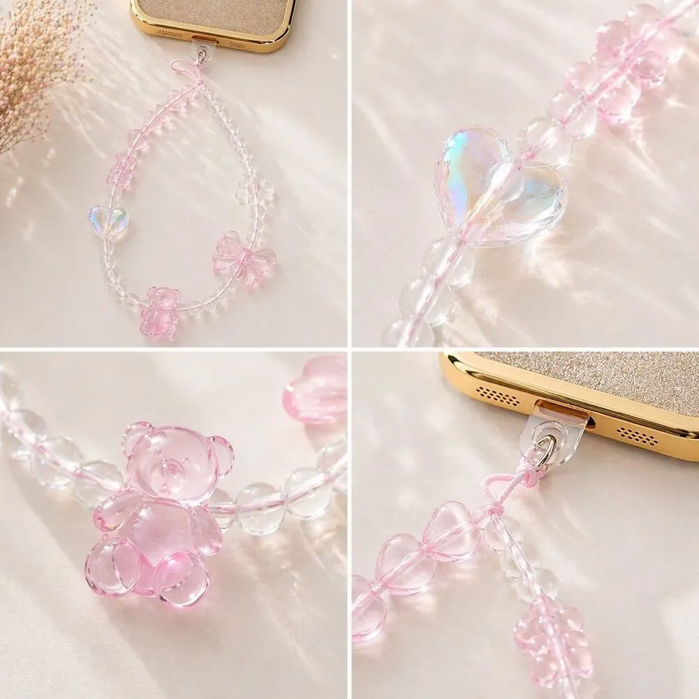 Beaded hand-held lanyard chain, phone wrist strap pink bear butterfly wristlet